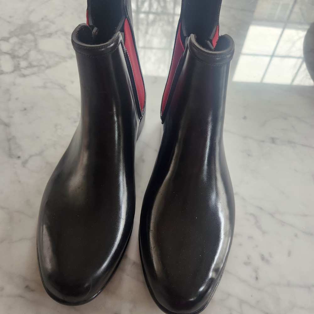 Ralph Lauren Black Chelsea Rain Boots with Red Elastic Panels